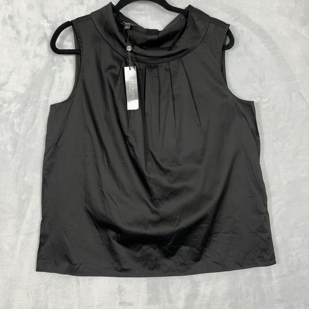NWT Talbots Top Sleeveless‎ Shirt L Black Boatneck Collar Button Cotton Stretch